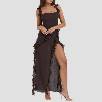 Ruffle High-Slit Spaghetti Strap Dress