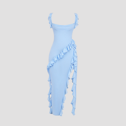 Ruffle High-Slit Spaghetti Strap Dress