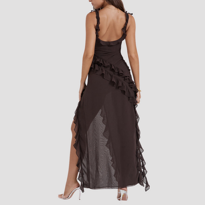 Ruffle High-Slit Spaghetti Strap Dress