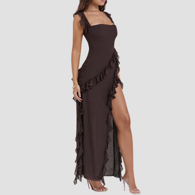 Ruffle High-Slit Spaghetti Strap Dress